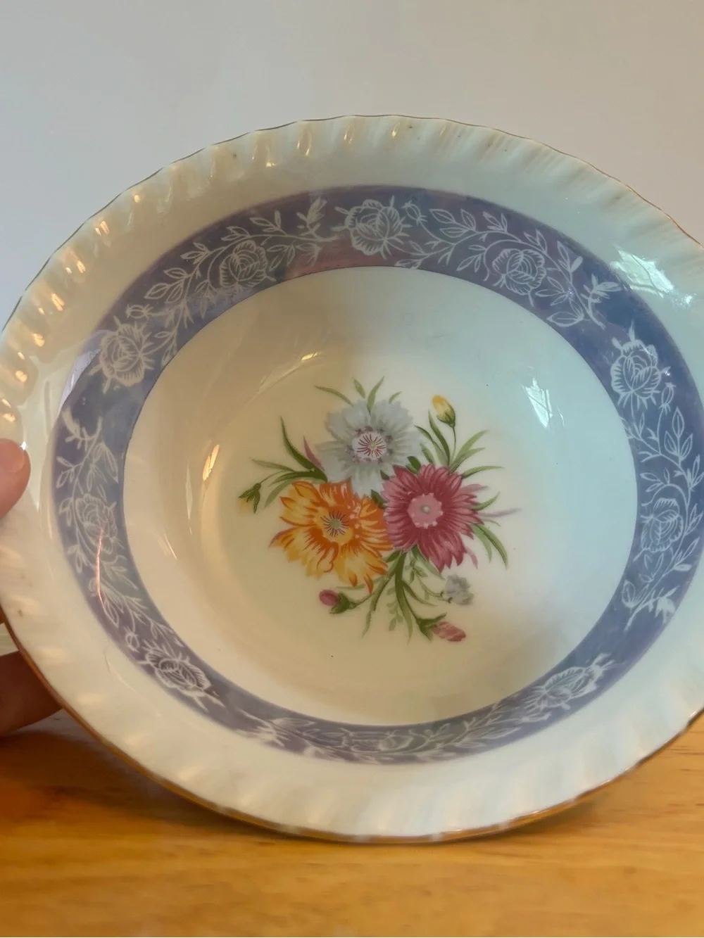 Vintage Japanese Lusterware Floral Porcelain Serving Bowl in Blue Band